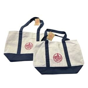 NWT Trader Joe’s Full Size Canvas Tote Bags Set of 2 Blue Trim Shopper